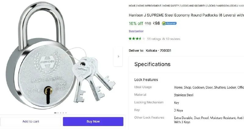 Round Padlocks (6 Levers) with 3 No. Keys at ₹98