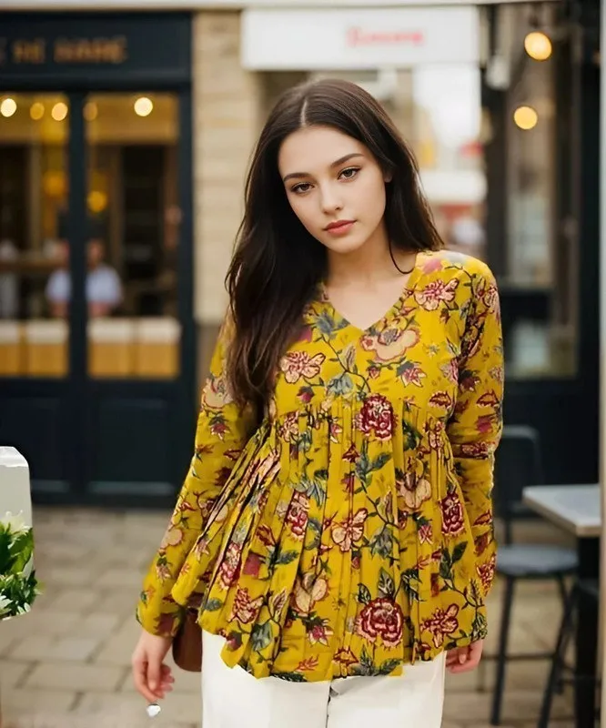 Aadinath Fashion Casual Floral Print Women Yellow Top at ₹162