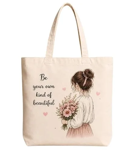 Bloom With Grace Printed Cotton Canvas Tote Bag With Zipper Pouch For Women, Reusable Shoulder Bag For Shopping, College, Office, Travel & E at ₹99