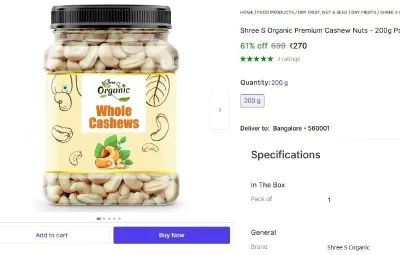 Organic Premium Cashew - 200g Pack at ₹270
