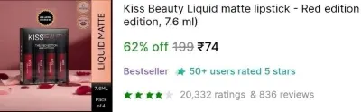 Liquid Matte Lipstick Pack of 4 at ₹74