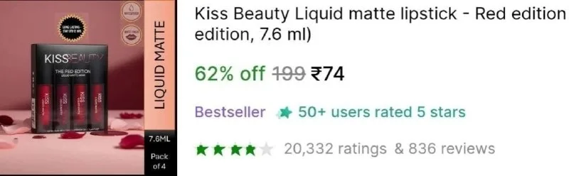 Liquid Matte Lipstick Pack of 4 at ₹74