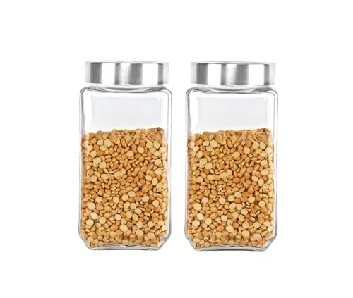 CELLO Qube Fresh Glass Storage Jar for Kitchen Set of 2 Pcs, 1000ml Transparent | Fridge Safe Airtight Leadfree Toughened Glass Kitchen Stor at ₹299