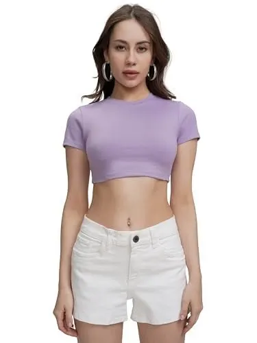 Tokyo Talkies Women's Round Neck Fitted Crop Top | Short Sleeves | Chic & Versatile | Perfect for Casual & Layered Looks | Tops for Woman |  at ₹138