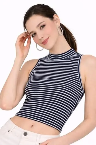 Women Cotton 1x1 Rib High Neck Sleeveless Crop Top Slim Fit at ₹99