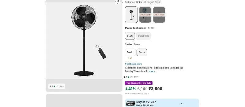 Atomberg RenesaSilent Pedestal Fan6 SpeedsLED DisplayTimerIdeal for Home & Office at ₹2,987