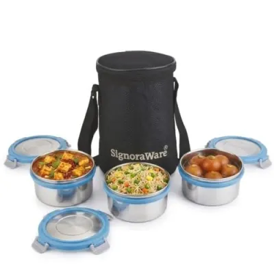Signoraware Meal Mate Steel Small Lunch Box+Bag (350mlx3, Blue) at ₹375