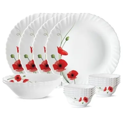 Larah by BOROSIL Red Carnation Opalware Dinner Set, (14-Pieces, White) at ₹703