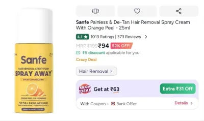 Sanfe Hair Removal Spray at ₹94