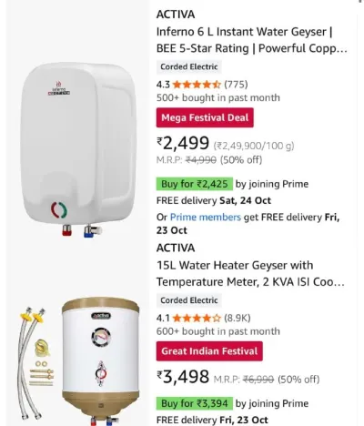 Loot Deals on Water Geysers at ₹2,499