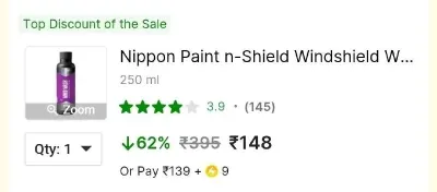 Nippon Paint Windshield Washer (250ml) at ₹148
