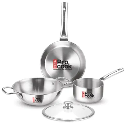 Milton Pro Cook Induction Cookware & Gas Stove Friendly Triply Stainless Steel 4Pc Cookware Set | Tea Pan 16 cm | Fry Pan 22 cm | Kadai with at ₹1,899