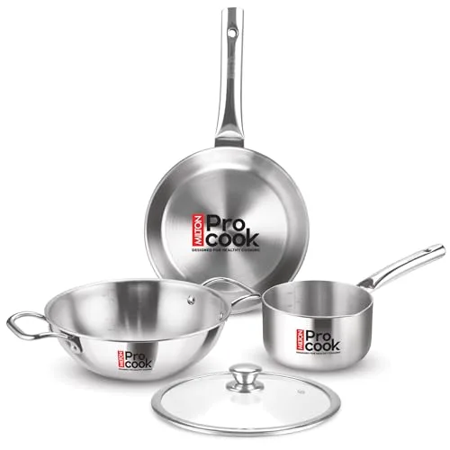 Milton Pro Cook Induction Cookware & Gas Stove Friendly Triply Stainless Steel 4Pc Cookware Set | Tea Pan 16 cm | Fry Pan 22 cm | Kadai with at ₹1,899