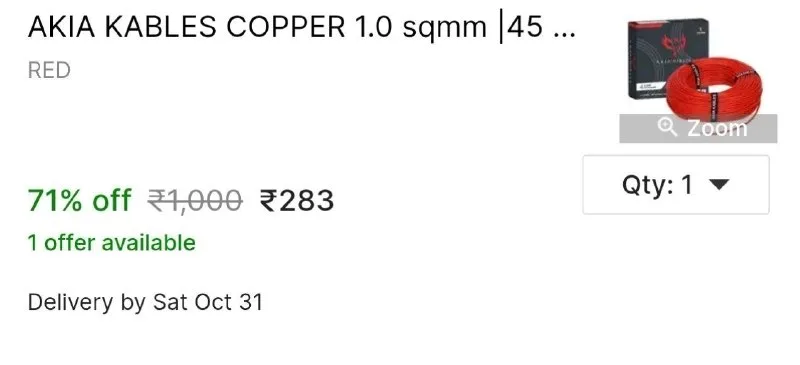 AKIA KABLES COPPER 1.0 sqmm |45 MTR| FR PVC| Multi Strand| Electric Electrical Wire Cable 1 sq/mm Red 45 m at ₹283