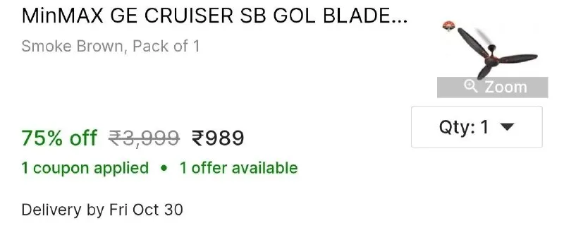 MinMAX GE CRUISER SB GOL BLADE 48 1200 mm Energy Saving 3 Blade Ceiling Fan at ₹989