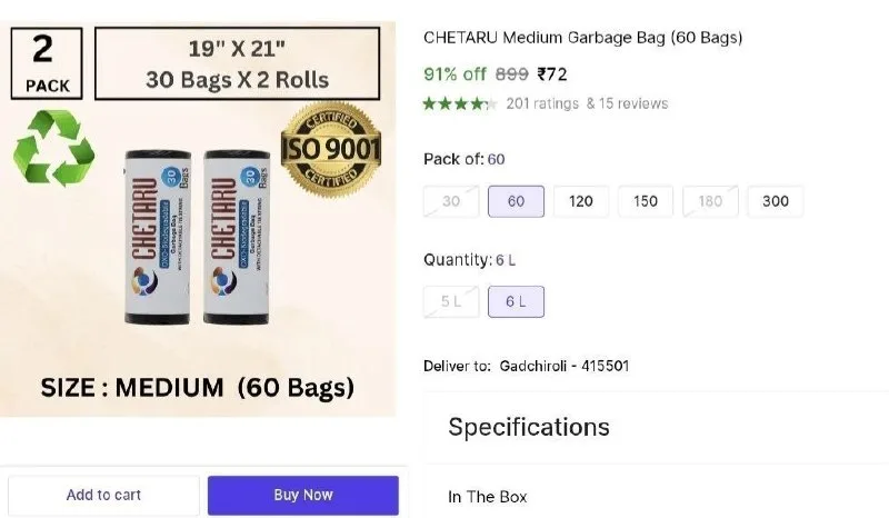 Garbage Bag (60 Bags) at ₹72