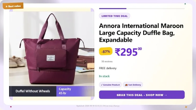 Maroon Large Capacity Duffle Bag at ₹295