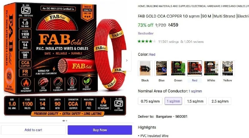 FAB GOLD CCA COPPER 1.0 sqmm |90 M Wire (Red) at ₹459