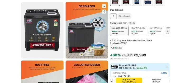 VW 10.5 kg Semi Automatic Top Load Washing machine at ₹9,999