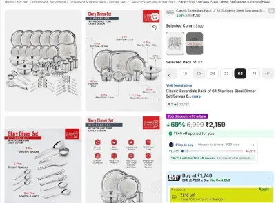 Classic Essentials Pack of 64 Stainless Steel Dinner Set at ₹1,943