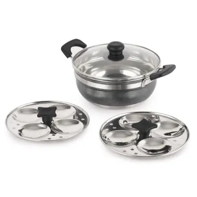 CELLO Magna Stainless Steel Idli Maker (2 Plates + 1 Kadai) with Glass Lid For Kitchen | Riveted Sturdy Handle, Gas Stove & Induction Compat at ₹675