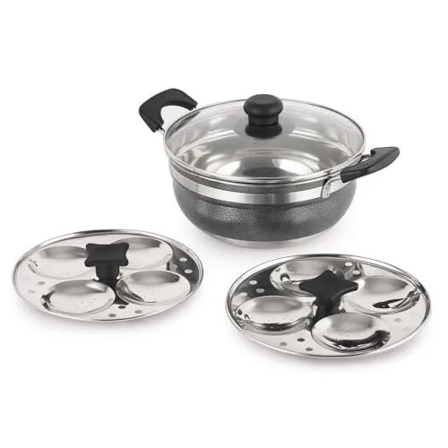 CELLO Magna Stainless Steel Idli Maker (2 Plates + 1 Kadai) with Glass Lid For Kitchen | Riveted Sturdy Handle, Gas Stove & Induction Compat at ₹675
