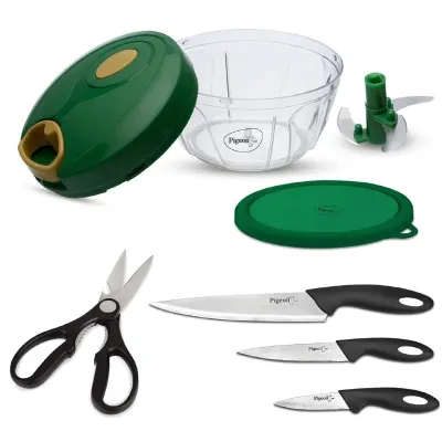 Pigeon By Stovekraft Kitchen Tools Value Combo, Stainless Steel (400Ml Chopper & Storage, 3 Knives Set, 1 Kitchen Scissor) at ₹359