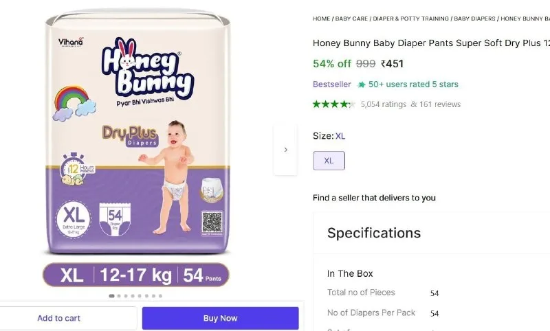 Baby Diaper Pants XL (54 Pieces) at ₹451