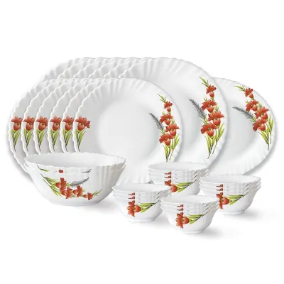 Larah by Borosil Red Iris Fluted Series Opalware Dinner Set | 27 Pieces for Family of 6 at ₹1,625
