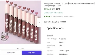 Pack of 8 Lipstick Combo at ₹107