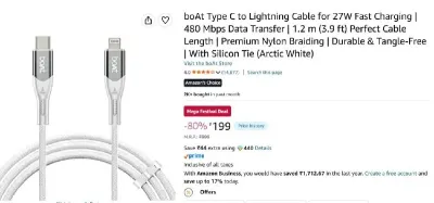 boAt Type C to Lightning Cable for 27W Fast Charging at ₹199