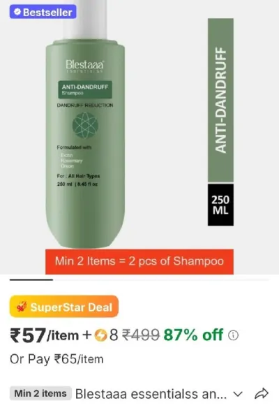 Blestaaa essentialss anti - dandruff shampoo strengthens hair with salicylic acid & biotin at ₹57