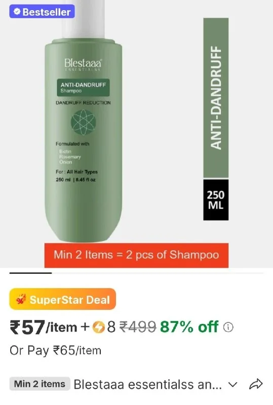 Blestaaa essentialss anti - dandruff shampoo strengthens hair with salicylic acid & biotin at ₹57