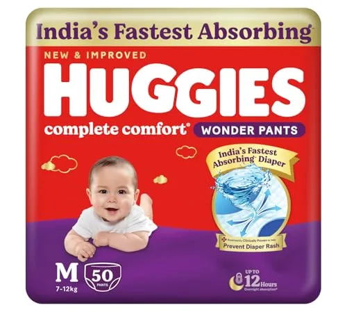 Huggies Complete Comfort Wonder Pants | Pant Style Baby Diapers Medium Size (M), 50 Count | India's Fastest Absorbing Diaper, Prevents Diape at ₹403