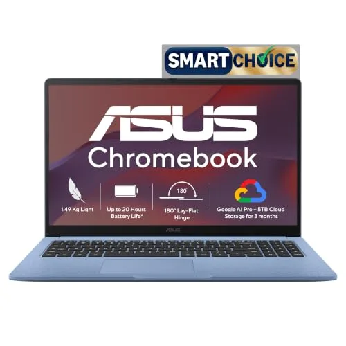 ASUS Chromebook CM1505 (2026), Smartchoice, MediaTek Kompanio 540 Processor, 4GB RAM, 128GB SSD, FHD, 15.6"(39.6 cm), 60Hz, Chrome OS, Fabri at ₹22,99