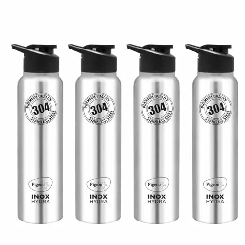 Pigeon by Stovekraft Inox hydra 900ml pack of 4 Stainless Steel Drinking Water Bottle 900ml Flipper Cap - Silver (1 year Warranty) at ₹579