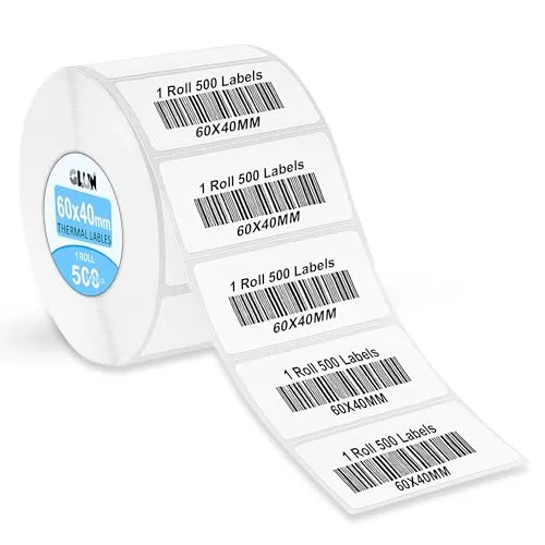 GLUN® 60x40mm Direct Thermal Barcode Label Roll | 500 White Self-Adhesive Labels | 2.5 x 1.5 Inch Thermal Sticker for Barcode Printing, Ship at ₹132