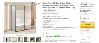 Home Centre 2-Door Sliding Wardrobe with Mirror at ₹43,509