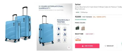 Safari Zuno Blue Set of 2 Hard Side 8 Wheel Cabin & Medium Trolley Bag Suitcase at ₹2,899