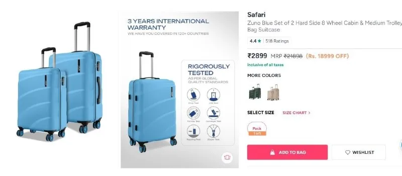 Safari Zuno Blue Set of 2 Hard Side 8 Wheel Cabin & Medium Trolley Bag Suitcase at ₹2,899