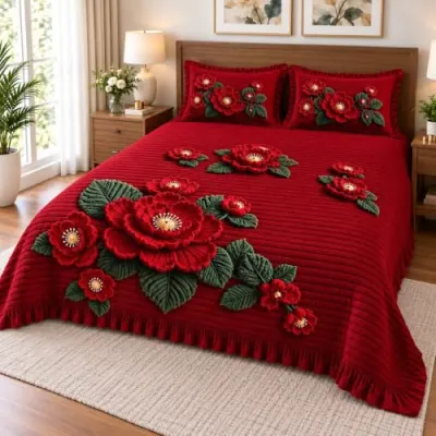 Actual 7D Feel Digital Printed Crimson Floral Bouquet Double Bedsheet, Air Cotton Soft & Breathable for Bed Room 2 Matching Pillow Covers, G at ₹629