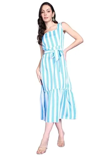 POPWINGS Women Casual Blue & White Stripe Long Belt Dress Dr at ₹159
