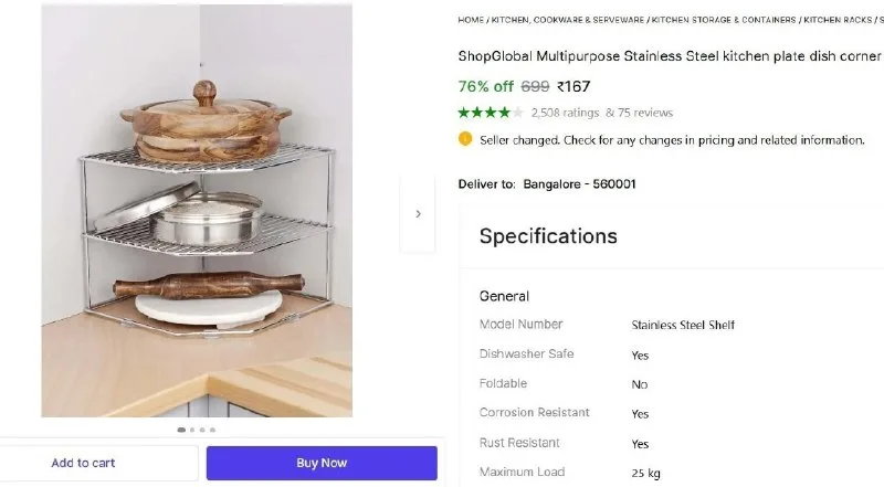 Kitchen Plate Dish Corner Shelf at ₹167