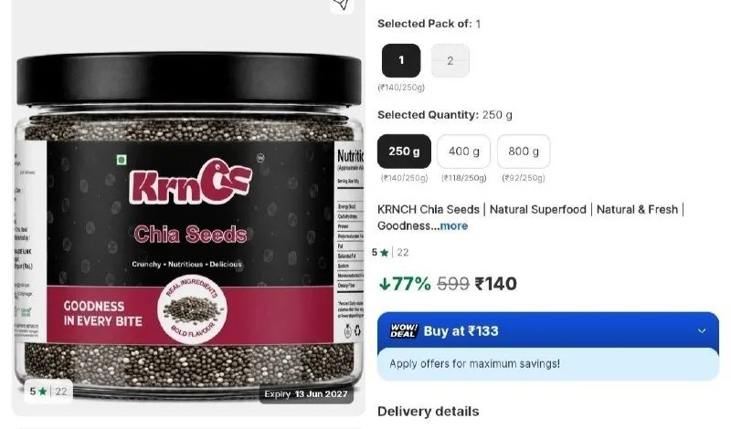 Chia Seeds Natural Superfood (250 g) at ₹140
