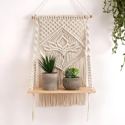 Decazone Macrame Indoor Wall Hanging Shelf Chic Decor Wood Floating Boho Shelves at ₹255