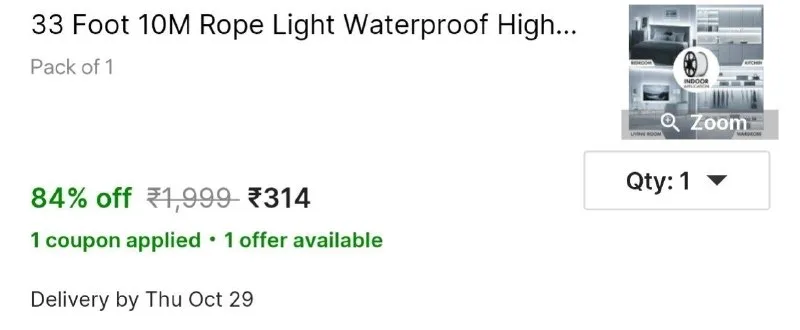 33 Foot 10M Rope Light Waterproof High Brightness For Indoor/Outdoor Use 10 m White Rice Lights at ₹314