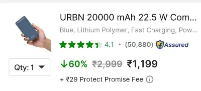 URBN 20000 mAh 22.5W Power Bank at ₹1,199