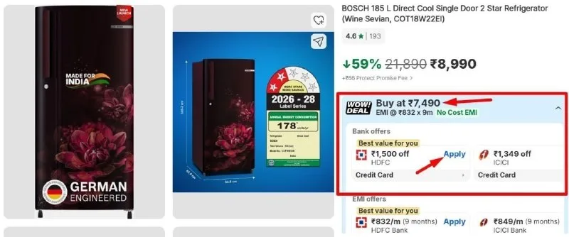 BOSCH 185L Direct Cool Single Door 2 Star Refrigerator at ₹7,490