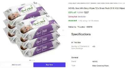 Goat Milk Baby Wipes 72's Sheet Pack Of 6 (432 Wipes) at ₹227