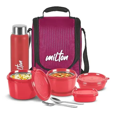 MILTON Pro Lunch Box with Steel Cutlery, 3 Microwave Safe Inner Steel Containers (180 ml, 320 ml, 450 ml), Plastic Chutney Dabba,100 ml, Bot at ₹618